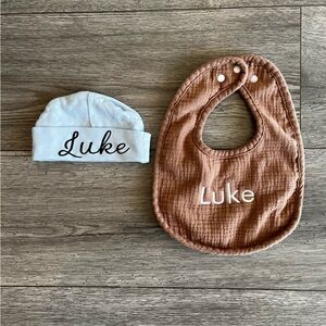Luke Baby Boy Newborn Baby Hat & Embroidered Bib Brown Light Carolina Blue